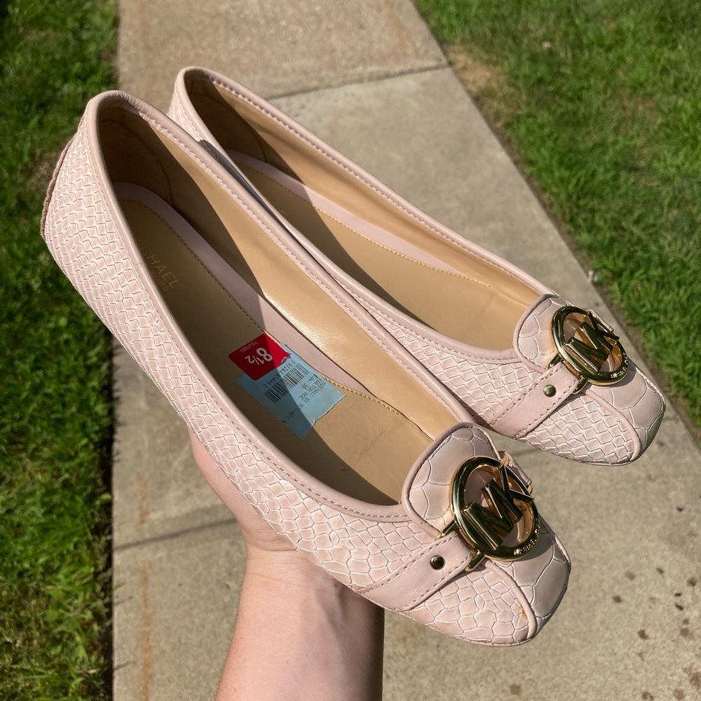 Michael Kors Fulton Pink Leather Snakeskin Ballet Flats Gold Hardware Logo - Picture 15 of 17